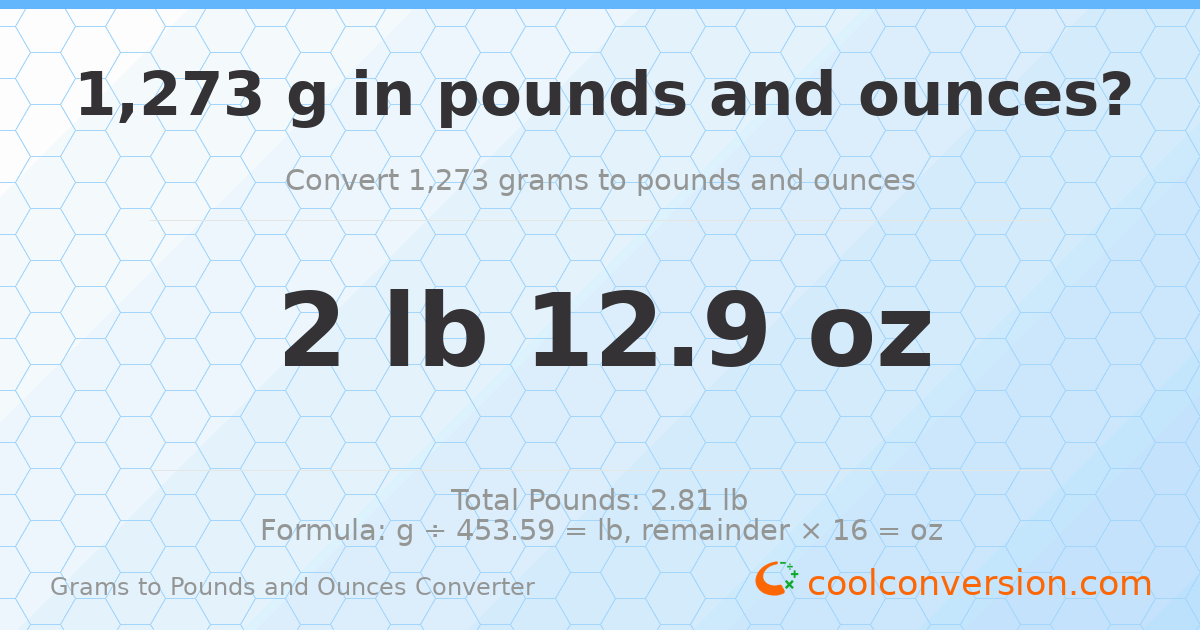 1273 g to lb and oz — 1273 g = 2 lb 12.9 oz