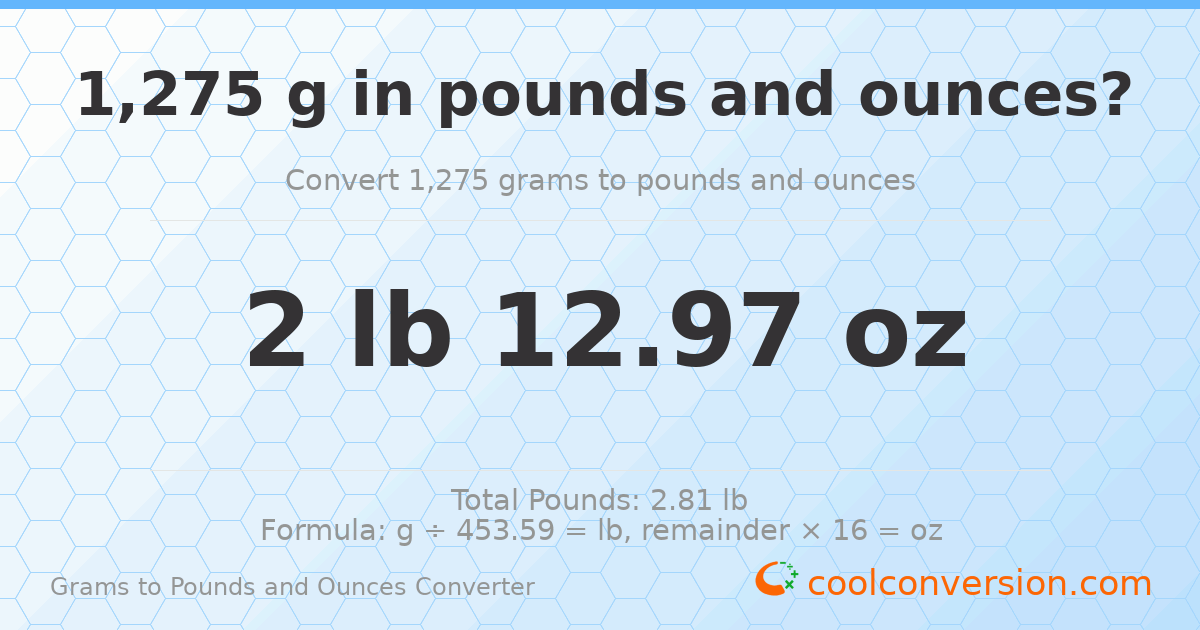 1275 g to lb and oz — 1275 g = 2 lb 12.97 oz