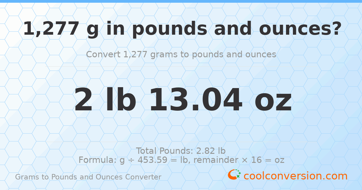 1277 g to lb and oz — 1277 g = 2 lb 13.04 oz