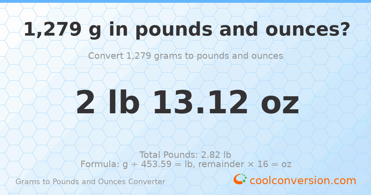 1279 g to lb and oz — 1279 g = 2 lb 13.12 oz