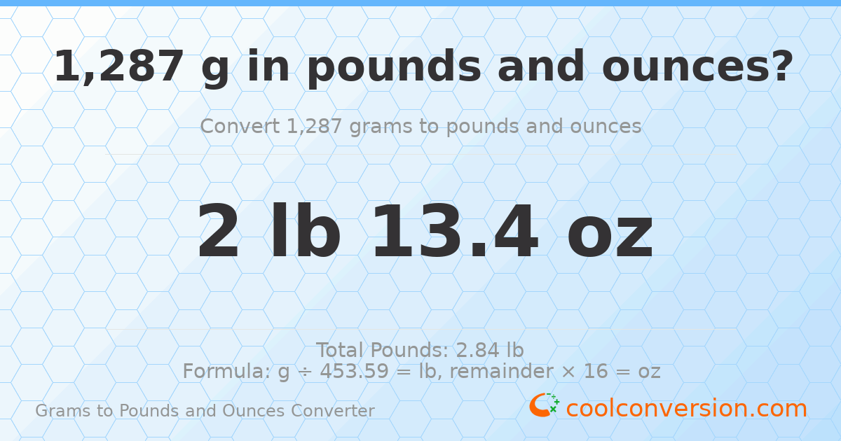 1287 g to lb and oz — 1287 g = 2 lb 13.4 oz