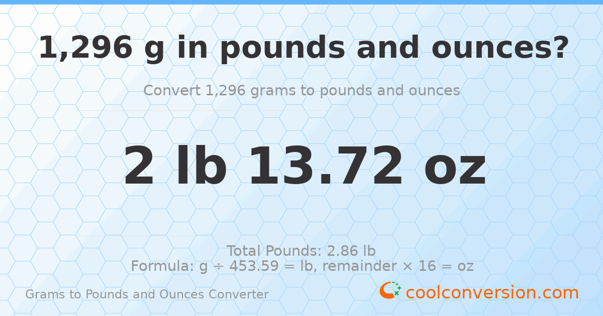 1296 g to lb and oz — 1296 g = 2 lb 13.72 oz