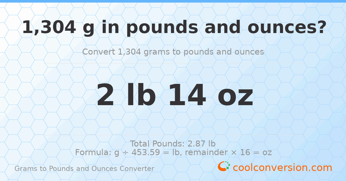 1304 g to lb and oz — 1304 g = 2 lb 14 oz