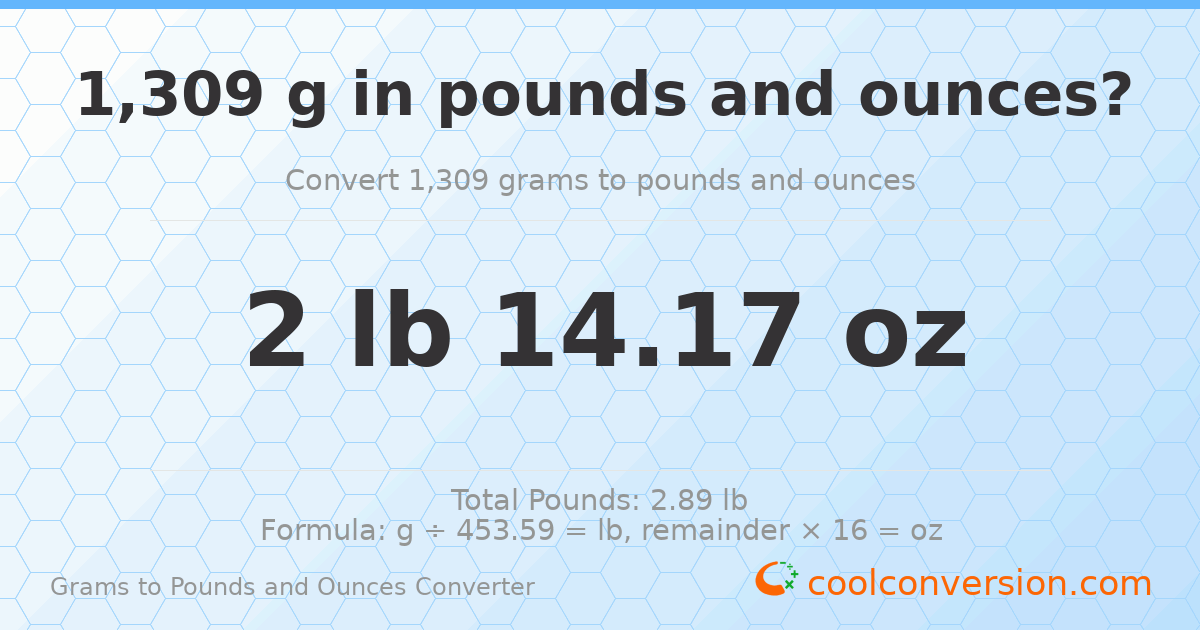 1309 g to lb and oz — 1309 g = 2 lb 14.17 oz