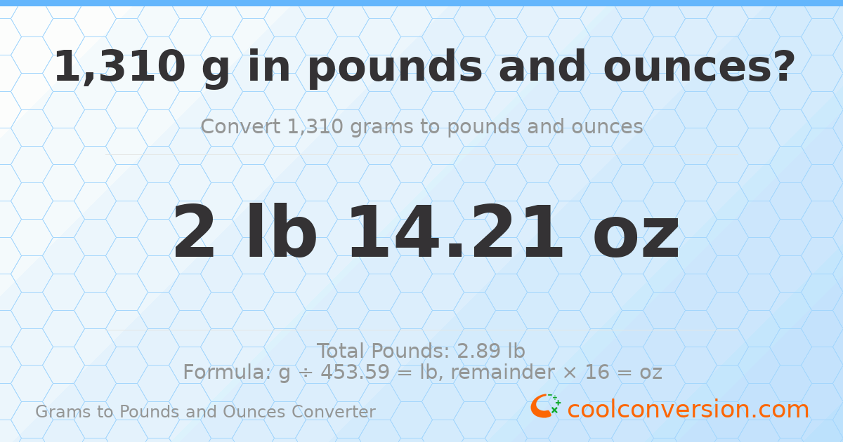1310 g to lb and oz — 1310 g = 2 lb 14.21 oz