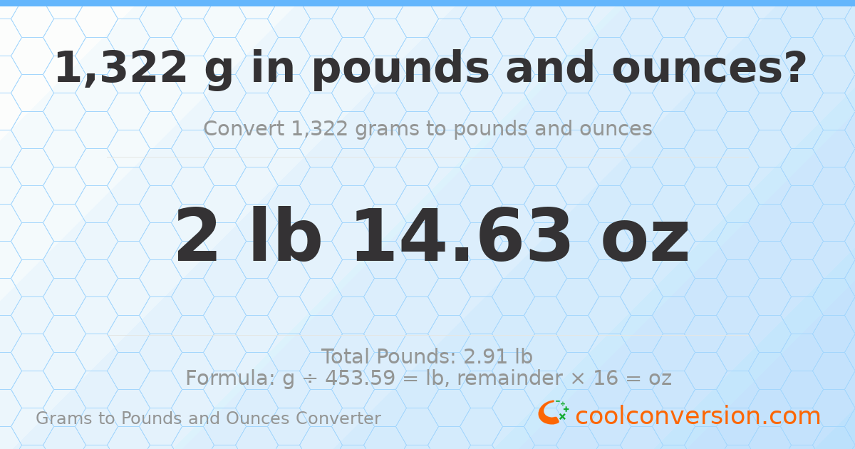 1322 g to lb and oz — 1322 g = 2 lb 14.63 oz