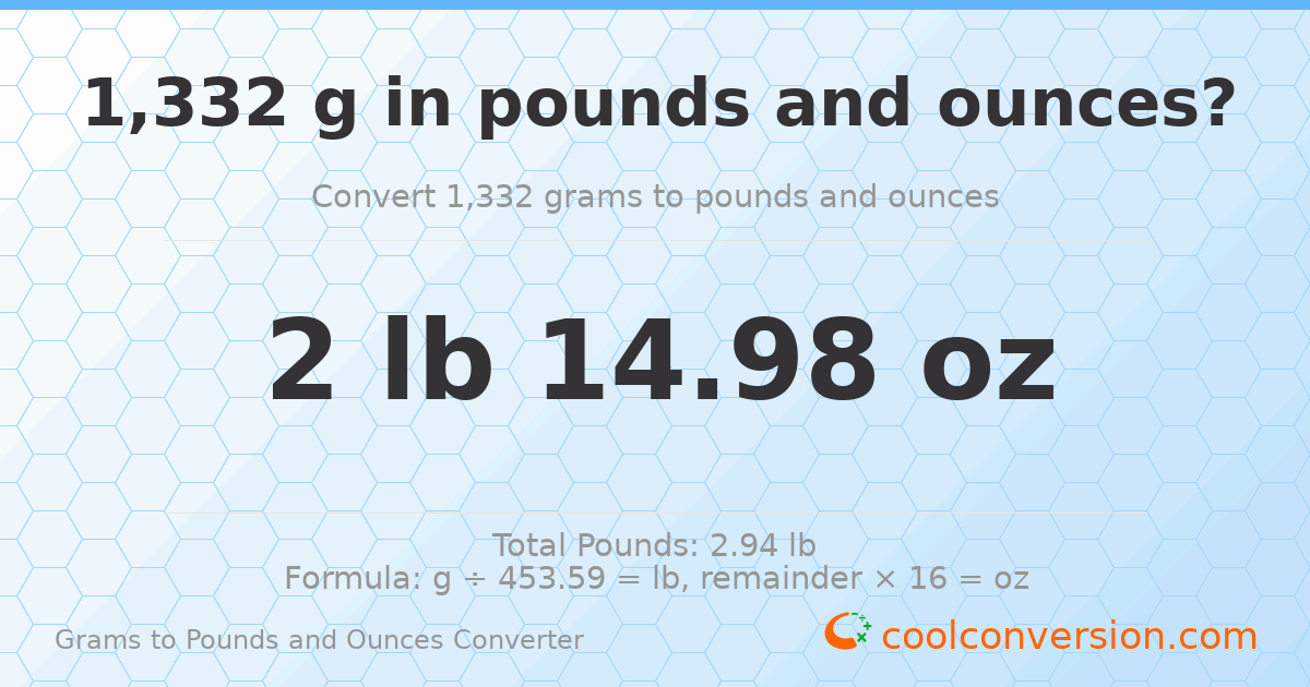 1332 g to lb and oz — 1332 g = 2 lb 14.98 oz