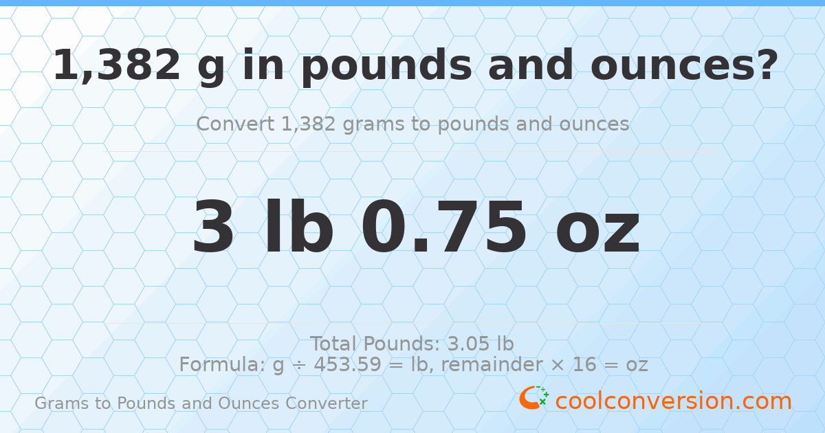 1382 g to lb and oz — 1382 g = 3 lb 0.75 oz