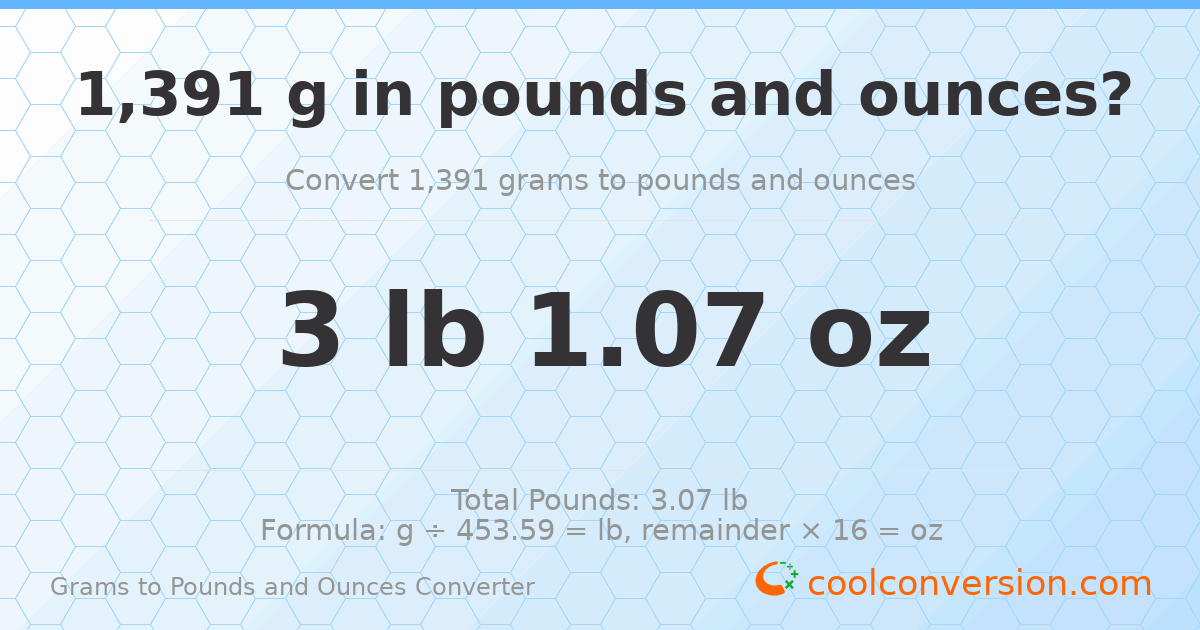 1391 g to lb and oz — 1391 g = 3 lb 1.07 oz