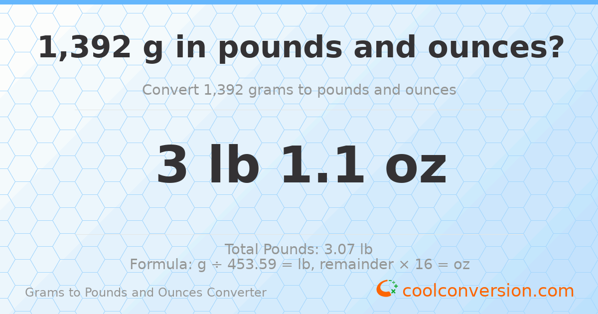 1392 g to lb and oz — 1392 g = 3 lb 1.1 oz