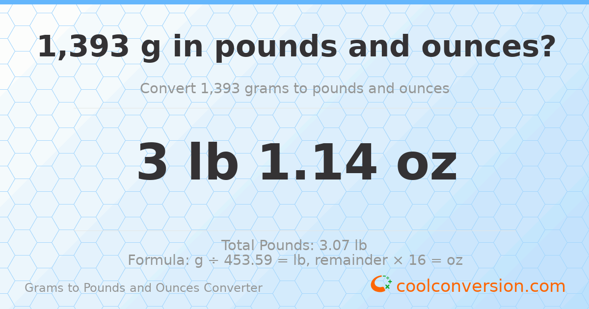 1393 g to lb and oz — 1393 g = 3 lb 1.14 oz