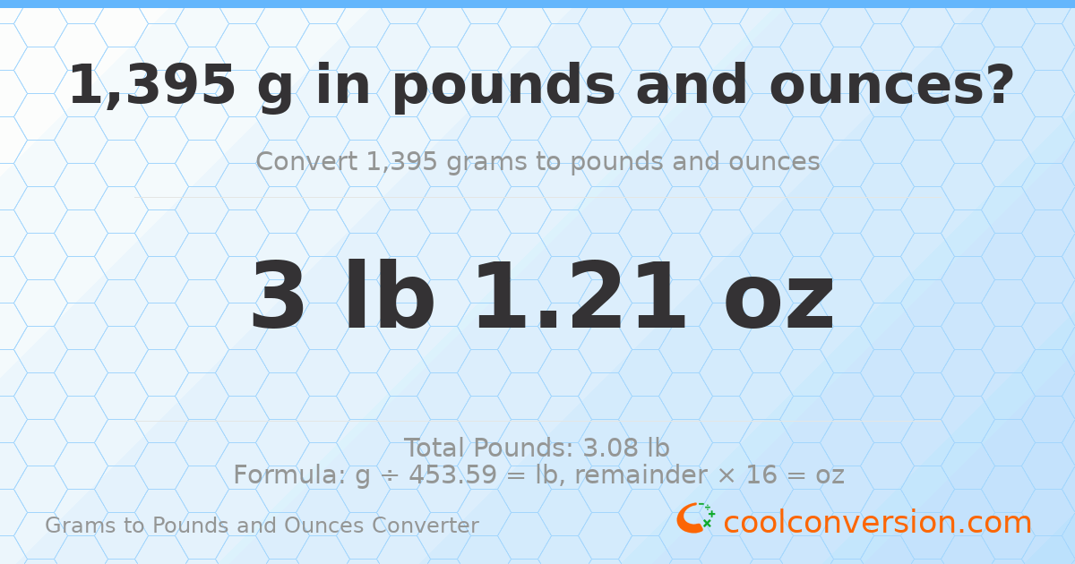 1395 g to lb and oz — 1395 g = 3 lb 1.21 oz