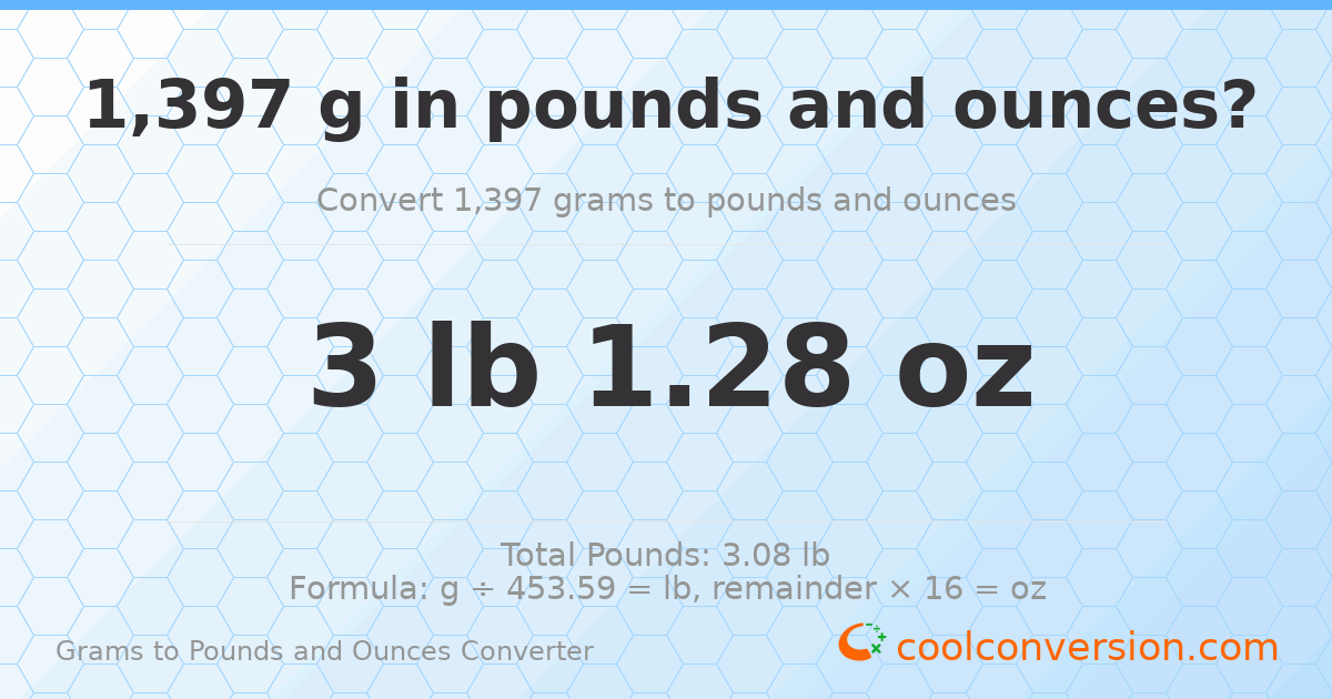 1397 g to lb and oz — 1397 g = 3 lb 1.28 oz