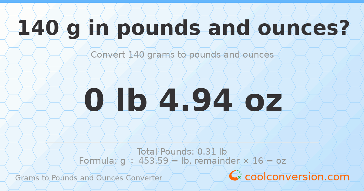 140 g to lb and oz — 140 g = 0 lb 4.94 oz