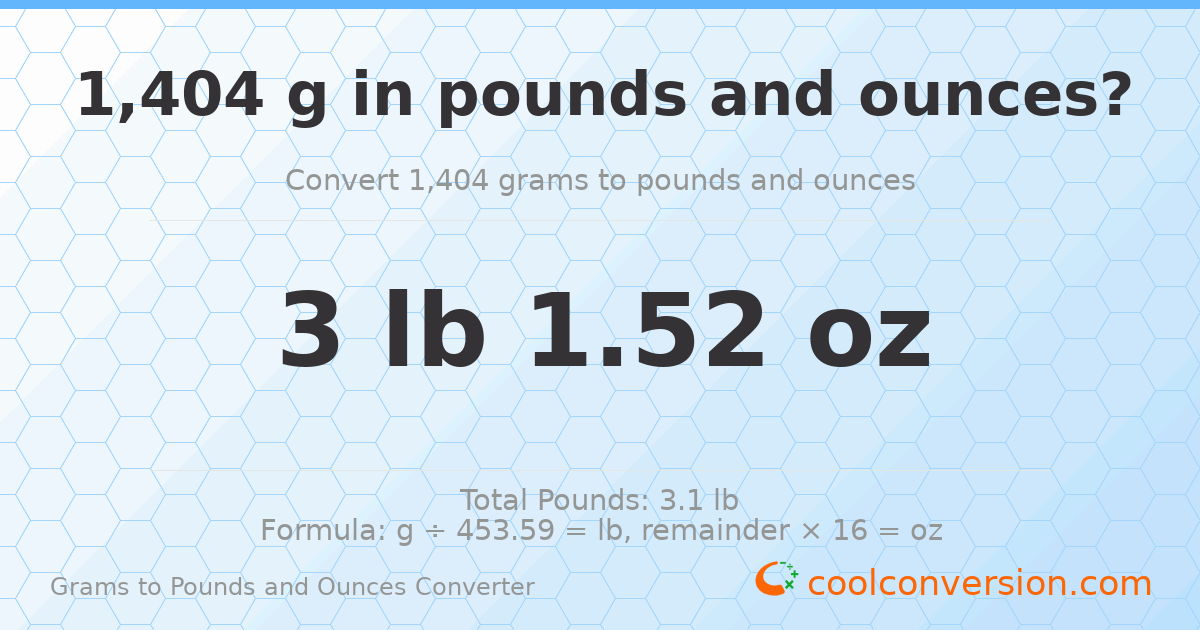 1404 g to lb and oz — 1404 g = 3 lb 1.52 oz
