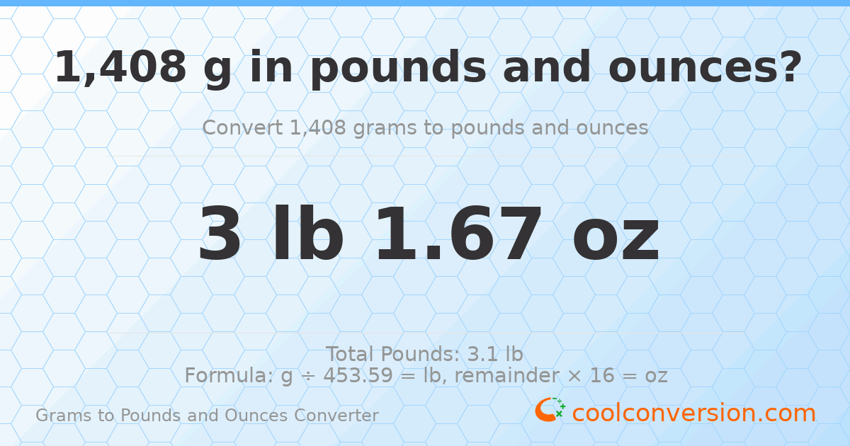 1408 g to lb and oz — 1408 g = 3 lb 1.67 oz