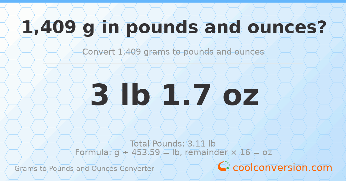 1409 g to lb and oz — 1409 g = 3 lb 1.7 oz