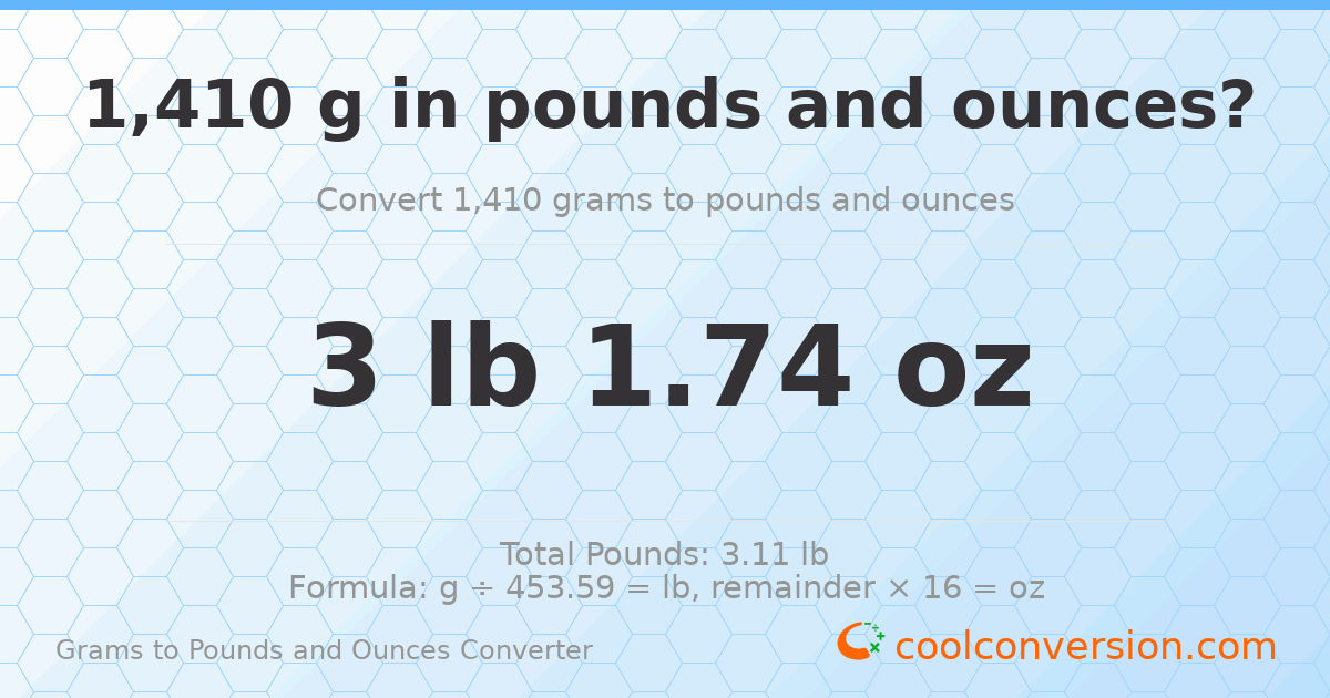 1410 g to lb and oz — 1410 g = 3 lb 1.74 oz