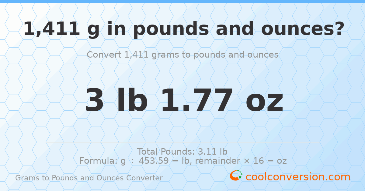 1411 g to lb and oz — 1411 g = 3 lb 1.77 oz