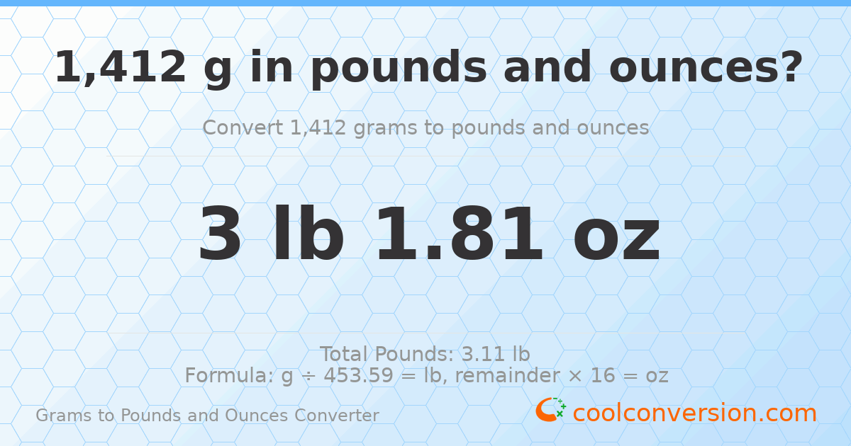 1412 g to lb and oz — 1412 g = 3 lb 1.81 oz