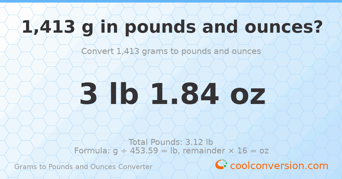 1413 g to lb and oz — 1413 g = 3 lb 1.84 oz