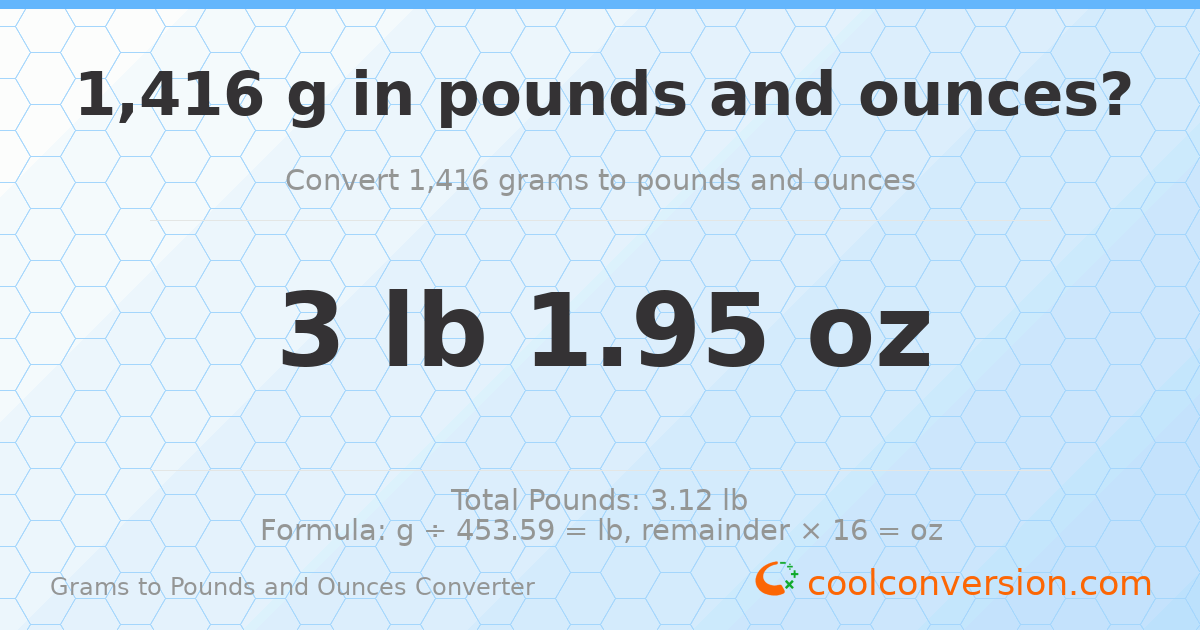 1416 g to lb and oz — 1416 g = 3 lb 1.95 oz