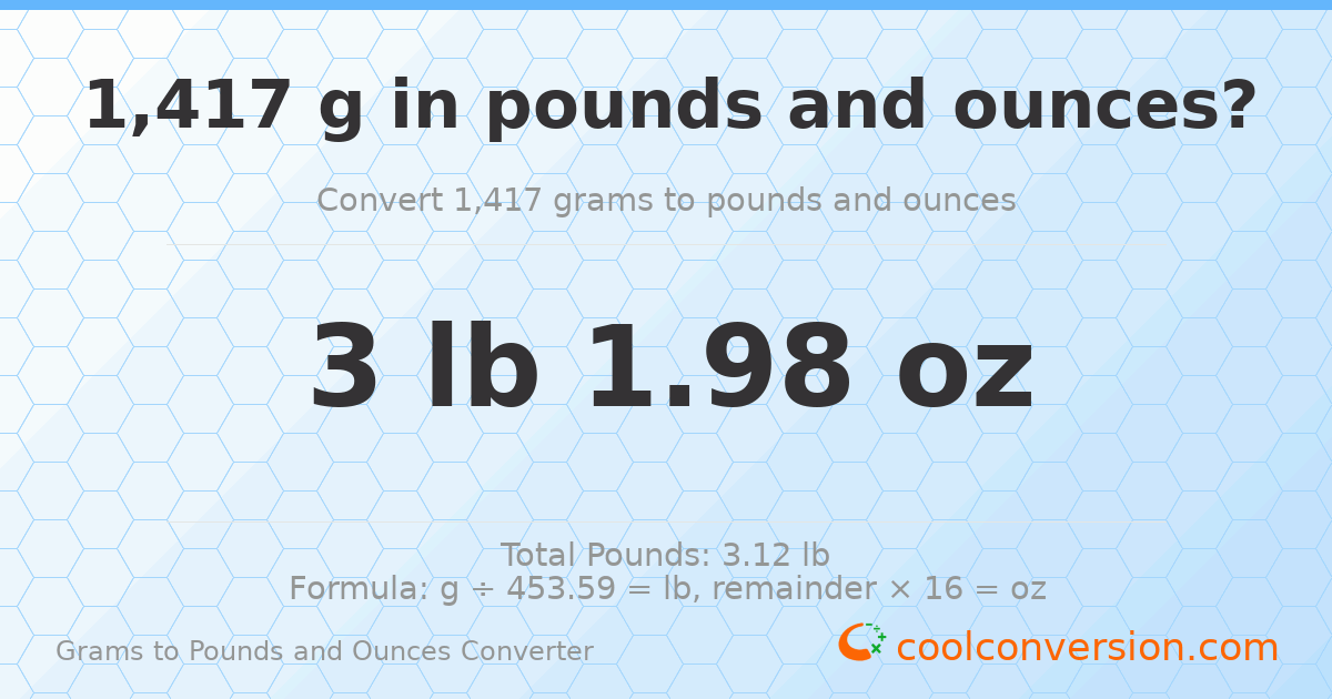 1417 g to lb and oz — 1417 g = 3 lb 1.98 oz