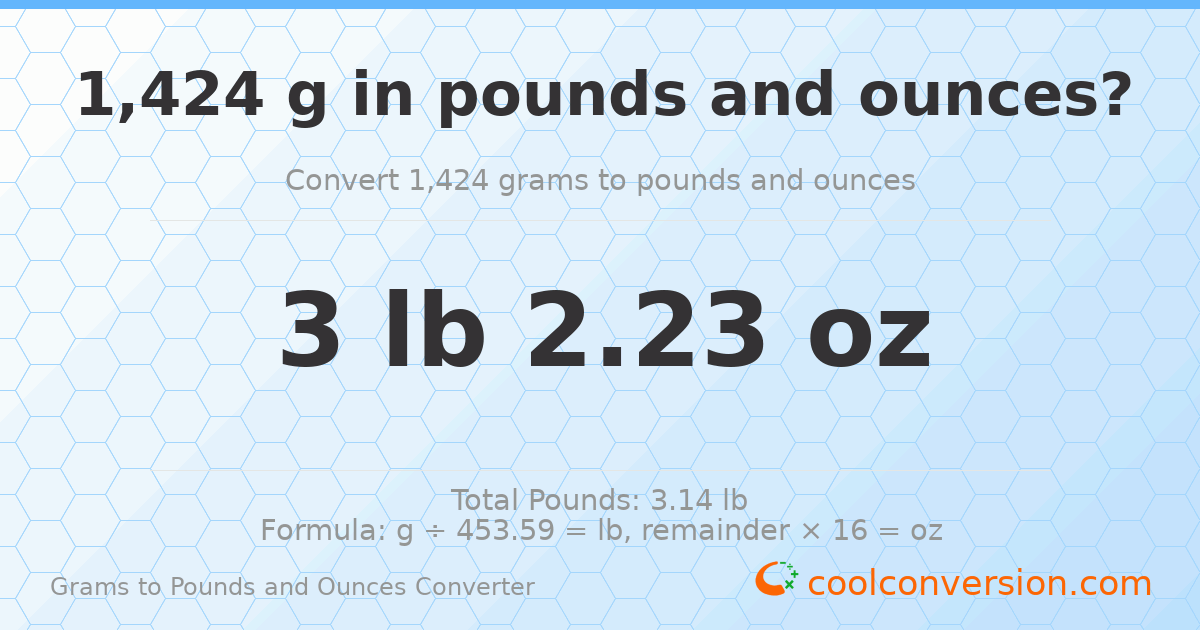 1424 g to lb and oz — 1424 g = 3 lb 2.23 oz