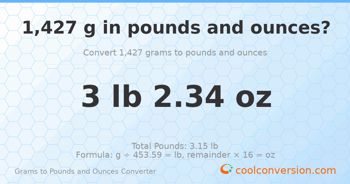 1427 g to lb and oz — 1427 g = 3 lb 2.34 oz