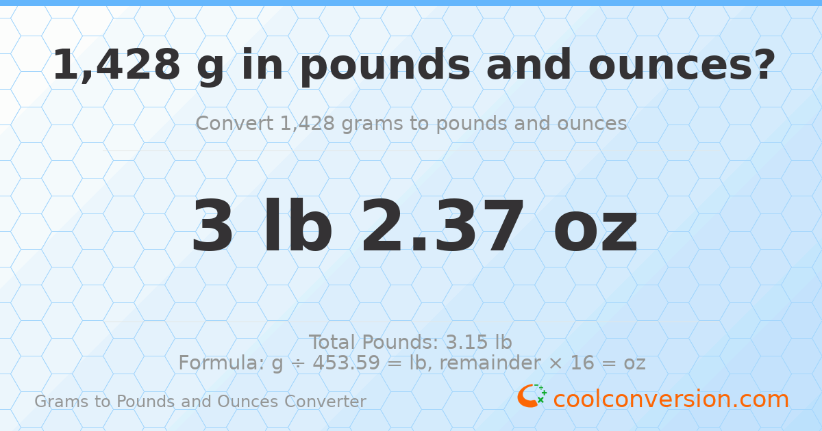 1428 g to lb and oz — 1428 g = 3 lb 2.37 oz