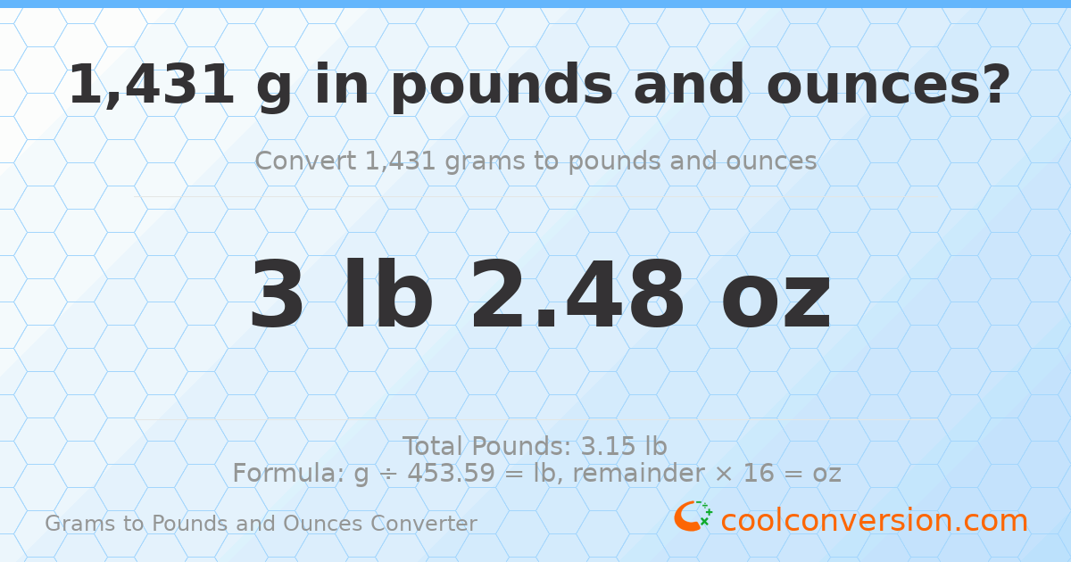 1431 g to lb and oz — 1431 g = 3 lb 2.48 oz