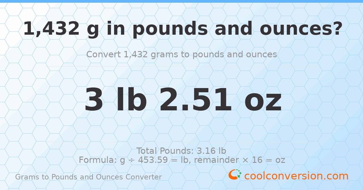 1432 g to lb and oz — 1432 g = 3 lb 2.51 oz