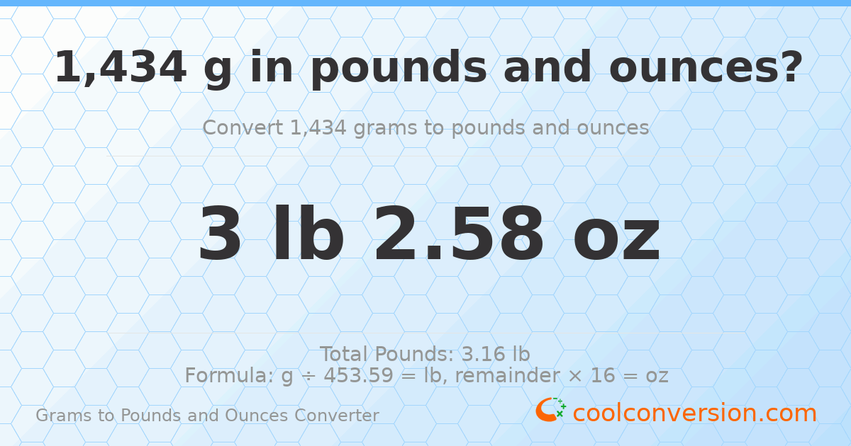 1434 g to lb and oz — 1434 g = 3 lb 2.58 oz
