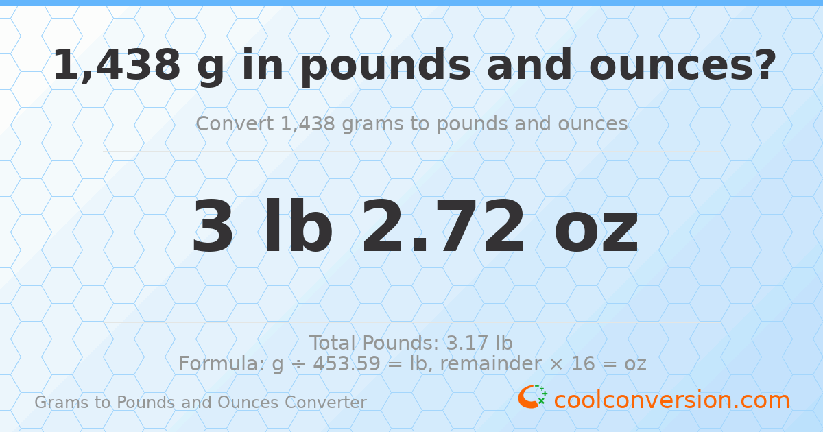 1438 g to lb and oz — 1438 g = 3 lb 2.72 oz