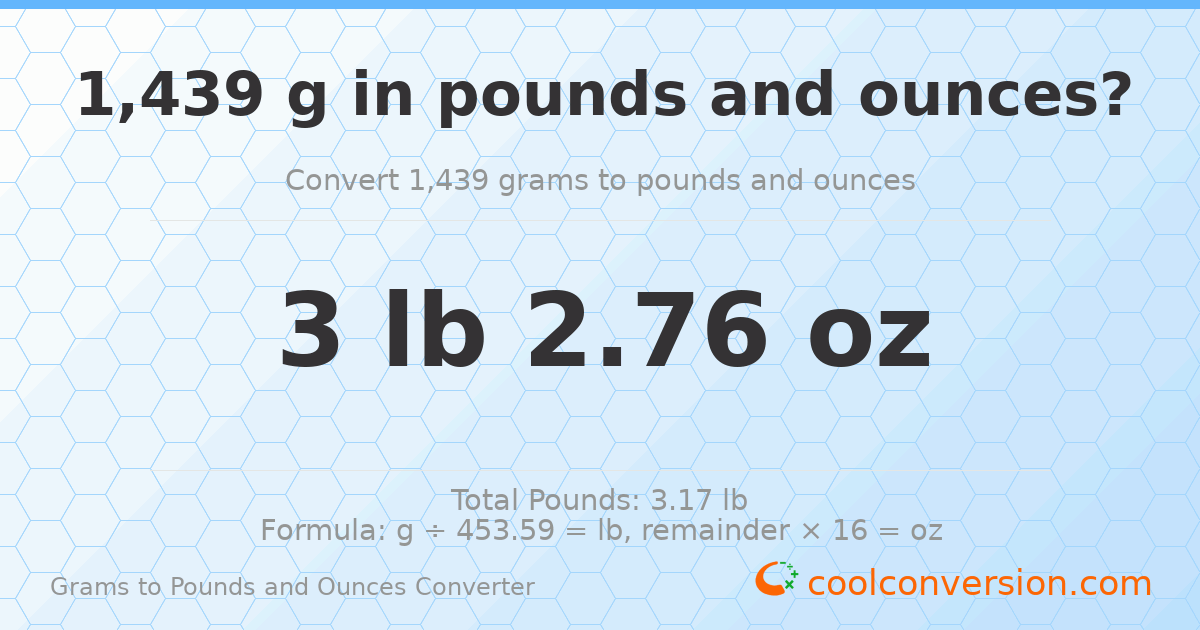 1439 g to lb and oz — 1439 g = 3 lb 2.76 oz