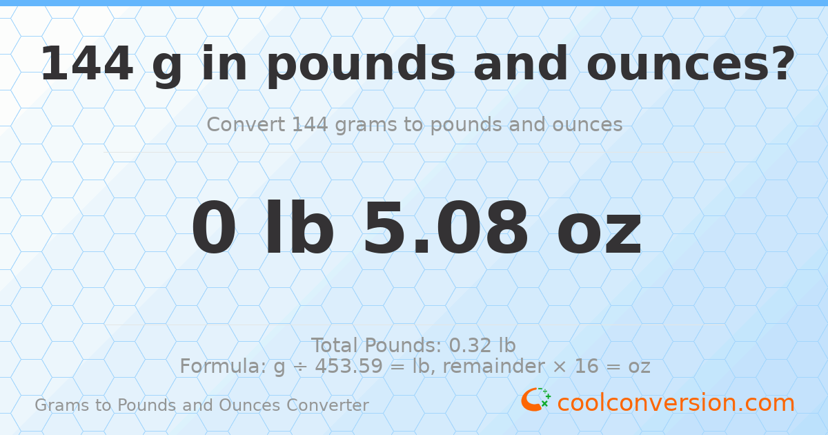 144 g to lb and oz — 144 g = 0 lb 5.08 oz
