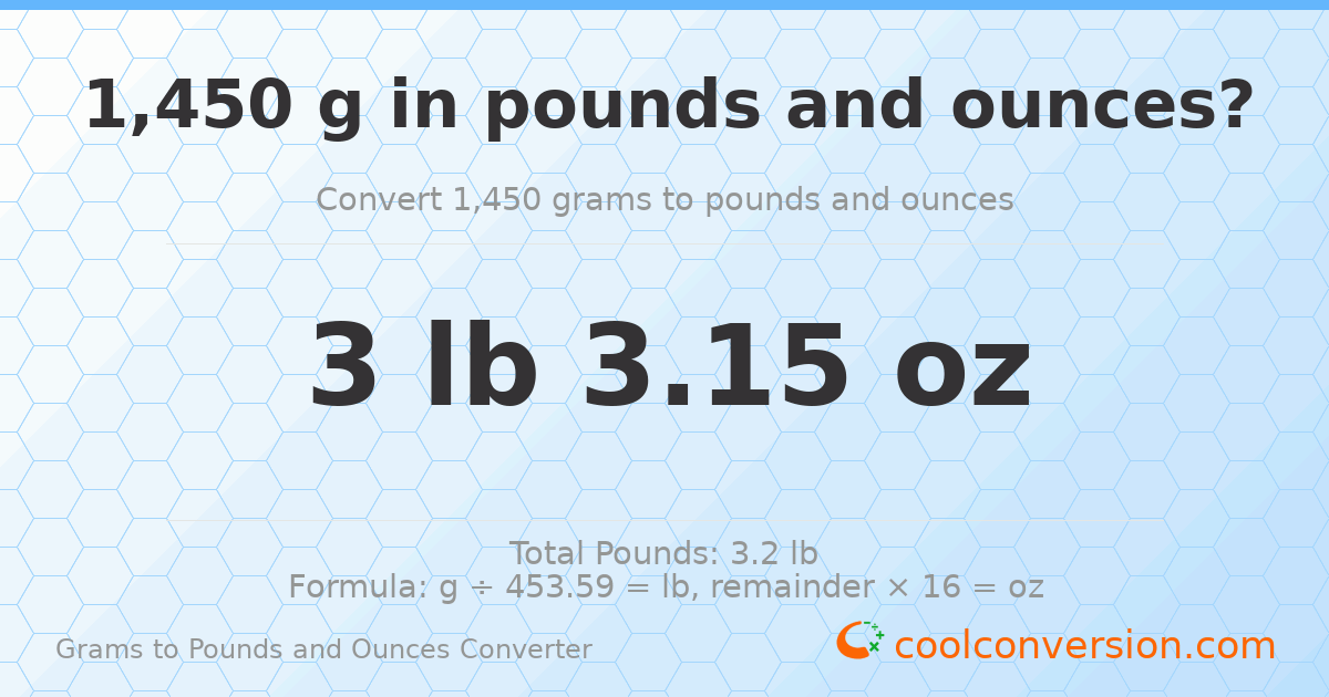 1450 g to lb and oz — 1450 g = 3 lb 3.15 oz