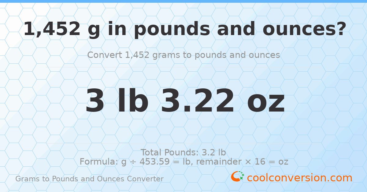 1452 g to lb and oz — 1452 g = 3 lb 3.22 oz