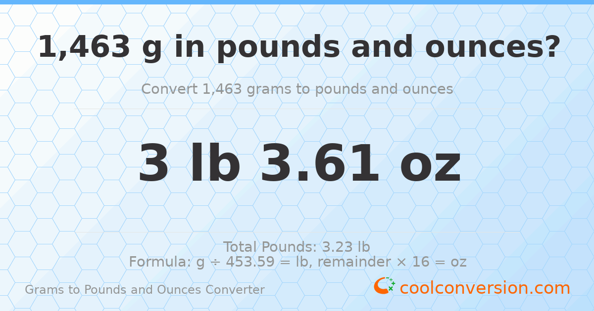 1463 g to lb and oz — 1463 g = 3 lb 3.61 oz