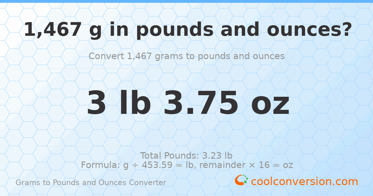 1467 g to lb and oz — 1467 g = 3 lb 3.75 oz