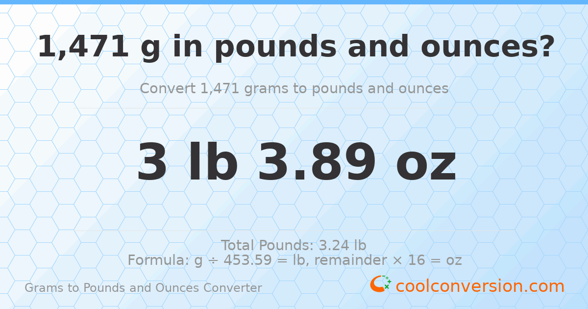 1471 g to lb and oz — 1471 g = 3 lb 3.89 oz