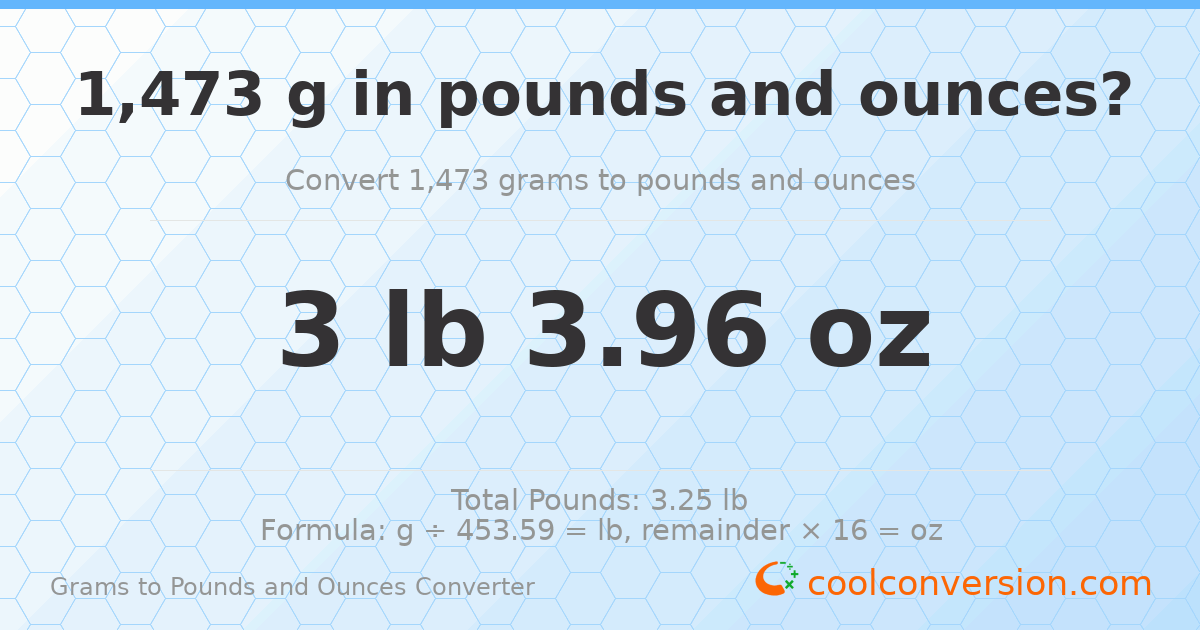 1473 g to lb and oz — 1473 g = 3 lb 3.96 oz