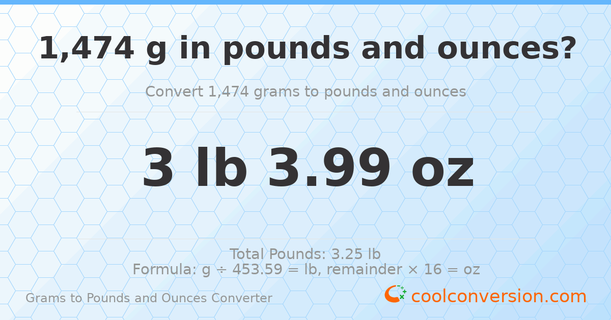 1474 g to lb and oz — 1474 g = 3 lb 3.99 oz