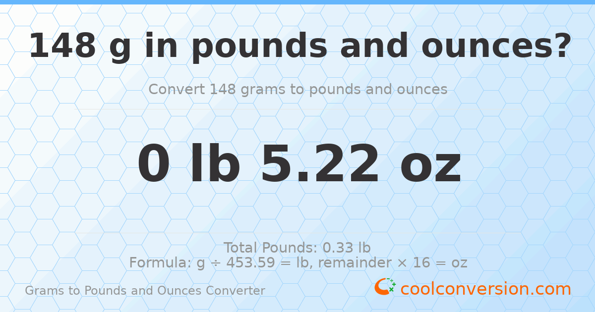 148 g to lb and oz — 148 g = 0 lb 5.22 oz