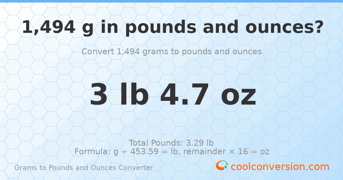 1494 g to lb and oz — 1494 g = 3 lb 4.7 oz