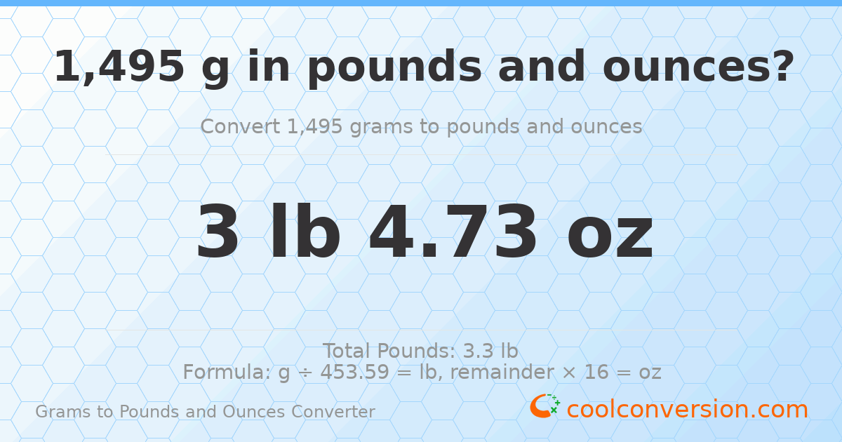 1495 g to lb and oz — 1495 g = 3 lb 4.73 oz
