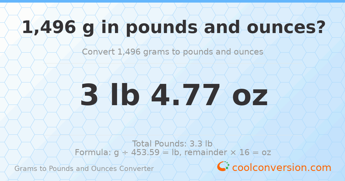 1496 g to lb and oz — 1496 g = 3 lb 4.77 oz
