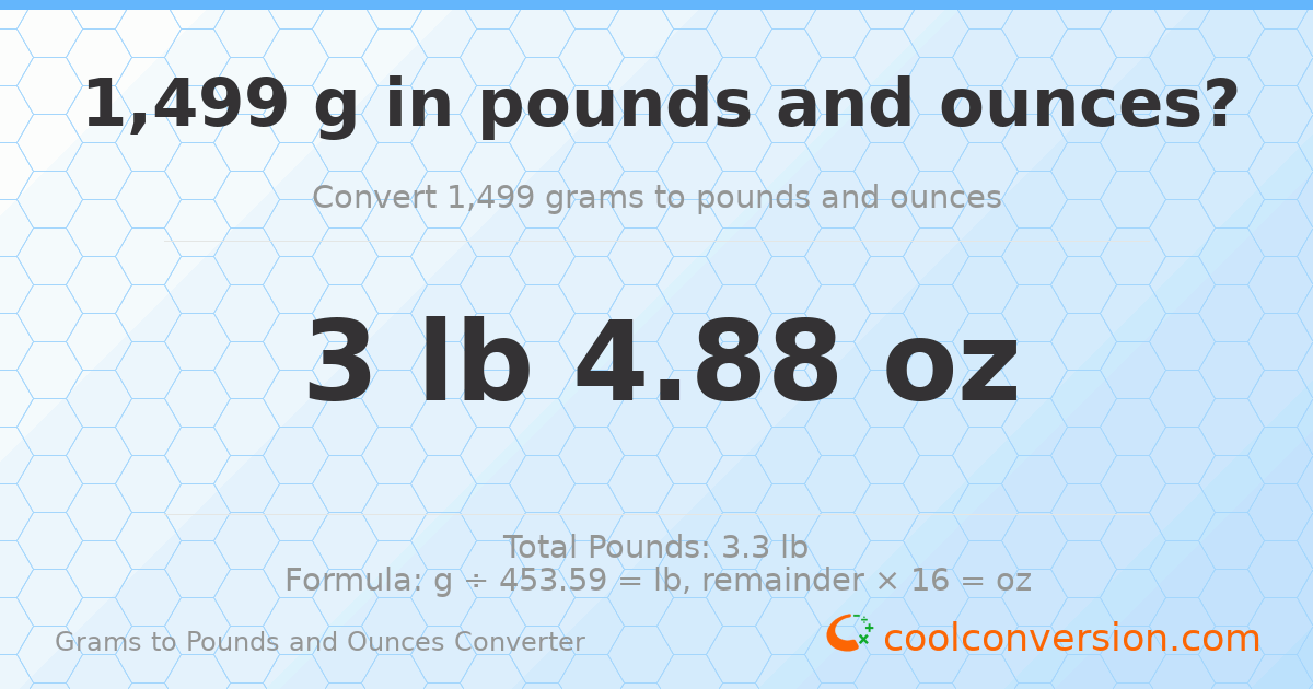 1499 g to lb and oz — 1499 g = 3 lb 4.88 oz