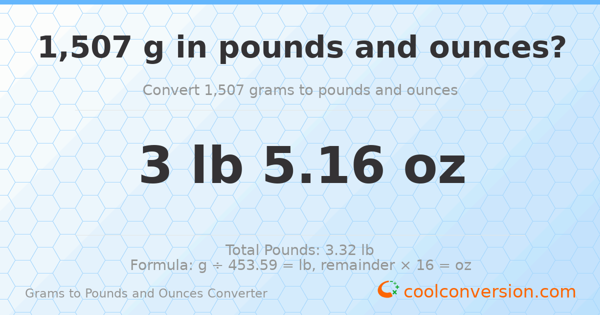 1507 g to lb and oz — 1507 g = 3 lb 5.16 oz