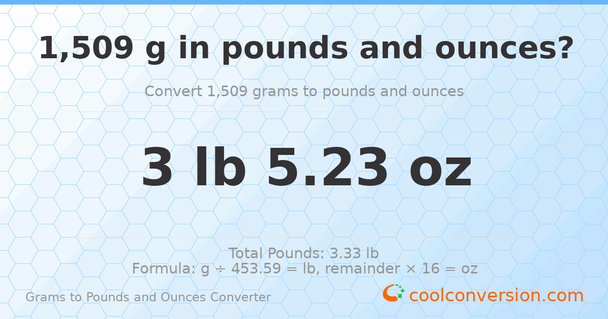 1509 g to lb and oz — 1509 g = 3 lb 5.23 oz